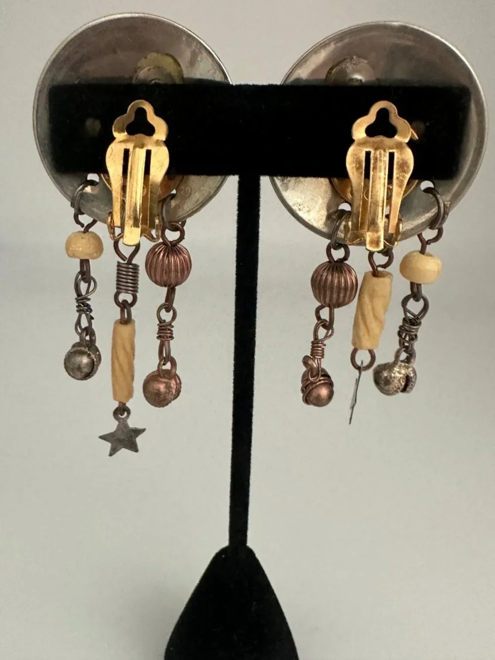 Vintage Artisan Copper Mixed Metal Asymmetrical Clip On Earrings 2.5